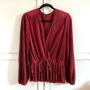 ZARA Brown/Burgundy Pleated Long Sleeve Blouse